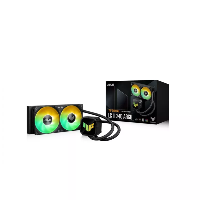 Skysčio aušintuvas ASUS TUF GAMING LC III 240 ARGB — 240 mm radiatorius, 2 x 120 mm ARGB ventiliatoriai, Socket AM5 palaikymas, Juoda