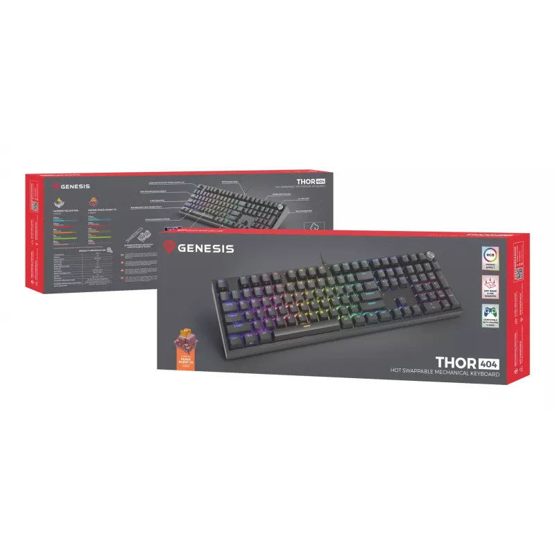 Mechaninė klaviatūra Genesis THOR 404 – pilno dydžio 100% USB QWERTY anglų, juoda, RGB
