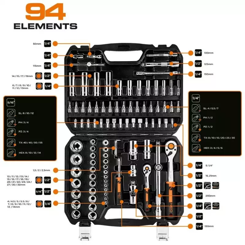 Veržliarakčių lizdų rinkinys NEO Tools 10-062, 1/2 colio pavara, 10 vnt.