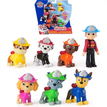 PAW Patrol Fire Rescue Team Pack – 7 kolekcionuojamų veikėjų figūrėlių rinkinys (Ryder + 6 šuniukai), 3+ metų vaikams