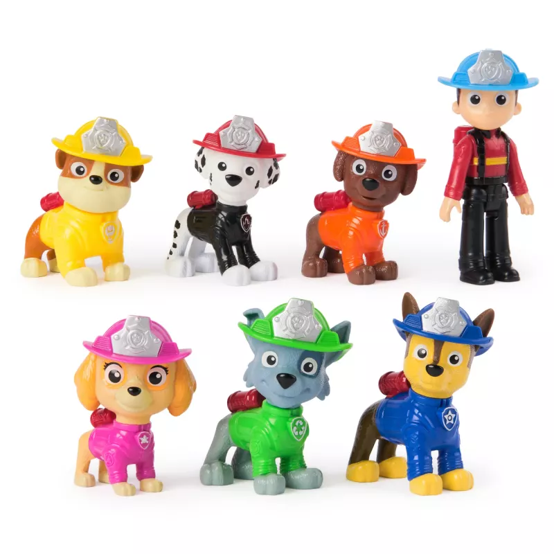 PAW Patrol Fire Rescue Team Pack – 7 kolekcionuojamų veikėjų figūrėlių rinkinys (Ryder + 6 šuniukai), 3+ metų vaikams