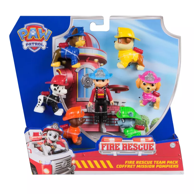 PAW Patrol Fire Rescue Team Pack – 7 kolekcionuojamų veikėjų figūrėlių rinkinys (Ryder + 6 šuniukai), 3+ metų vaikams