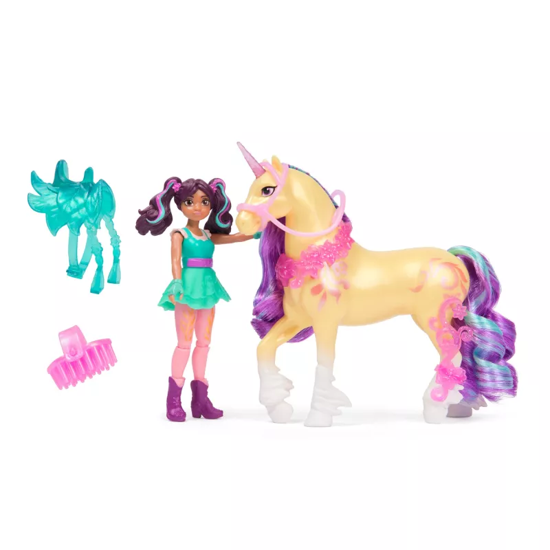 Mini lėlių rinkinys Usorteret Unicorn Academy Ava & Leaf Power of Friendship su permatomu balnu ir 2 aksesuarais, 168 mm, plastikas