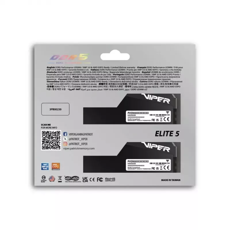 DDR5 RAM rinkinys PATRIOT Viper Elite 5 Ultra 64GB (2x32GB) 6000MHz CL28 1.4V su radiatoriumi