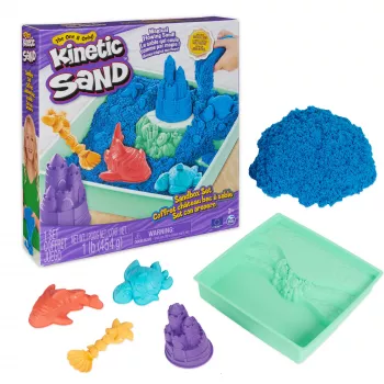 Kinetic Sand Sandbox rinkinys, mėlynas, 1 svaras formuojamo smėlio, 4 įrankiai ir formos, jutiminis žaislas vaikams nuo 3 metų