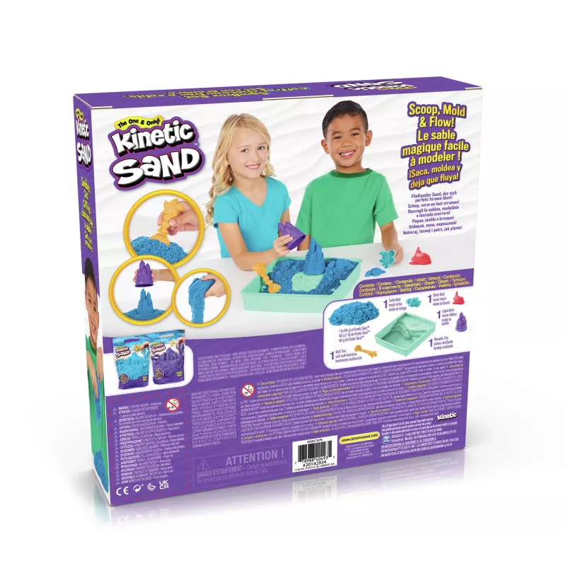 Kinetic Sand Sandbox rinkinys, mėlynas, 1 svaras formuojamo smėlio, 4 įrankiai ir formos, jutiminis žaislas vaikams nuo 3 metų