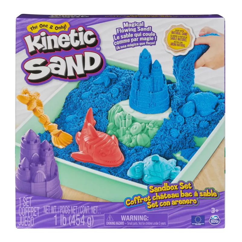 Kinetic Sand Sandbox rinkinys, mėlynas, 1 svaras formuojamo smėlio, 4 įrankiai ir formos, jutiminis žaislas vaikams nuo 3 metų