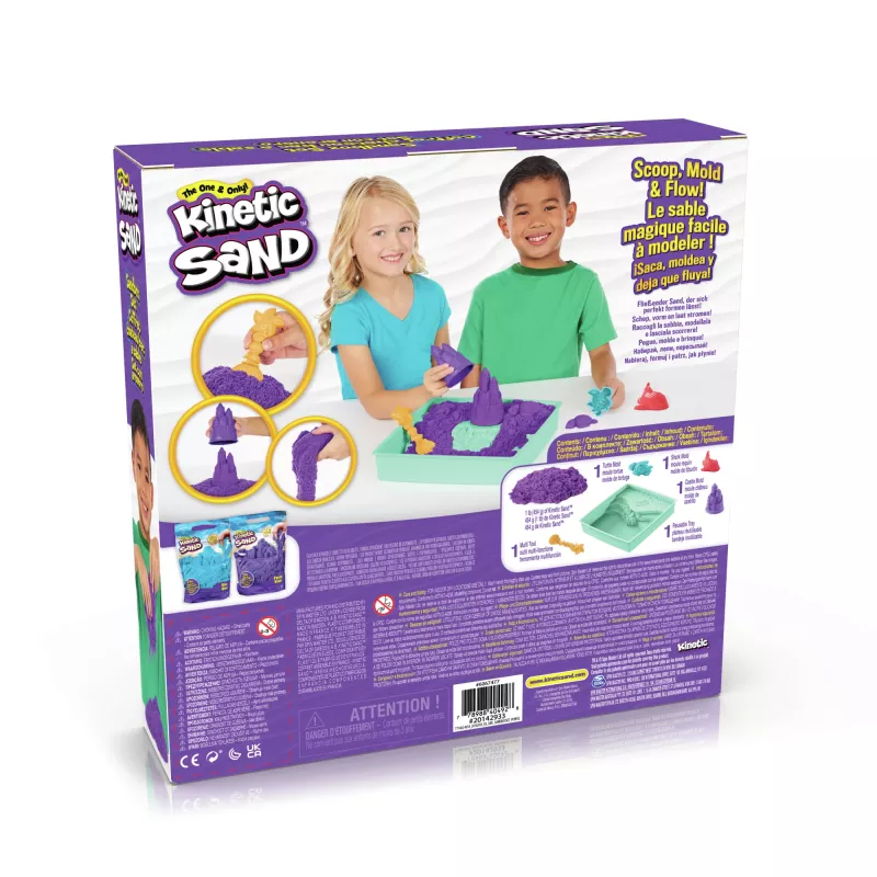 Kinetic Sand rinkinys „Smėlio dėžė“ – kūrybinės Velykų dovanos, 1 kg violetinio lipdomojo smėlio, 4 įrankiai ir formelės, laikymo dėžutė, sensorinis žaislas vaikams nuo 3 metų