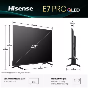 Hisense 43E77Q PRO 109.2 cm (43 colių) 4K Ultra HD QLED Smart TV Wi-Fi Juoda