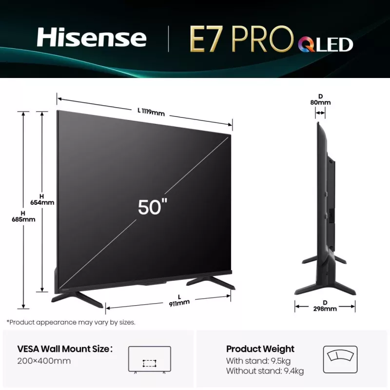 Hisense 50E77Q PRO 127 cm (50 colių) 4K Ultra HD QLED išmanusis televizorius su Wi-Fi, juodas