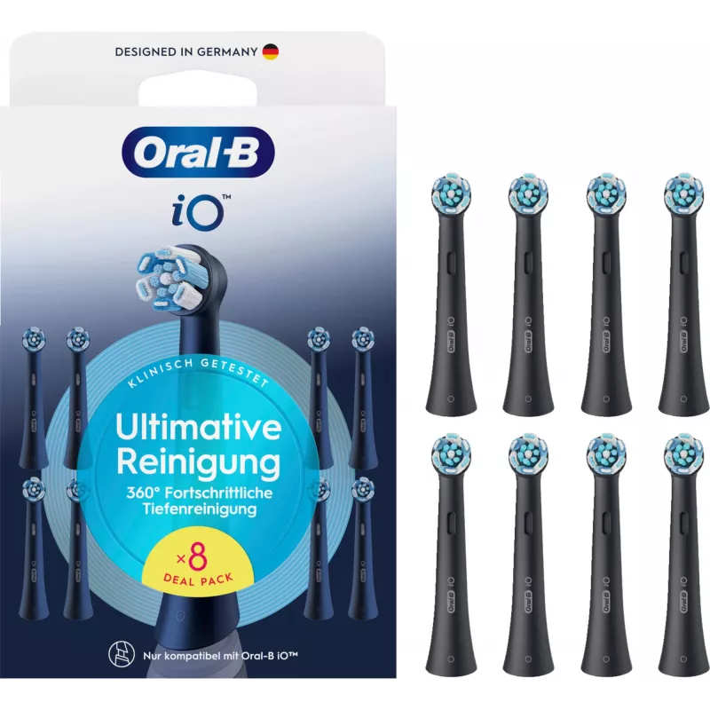 Oral-B iO Ultimate Clean keičiamieji šepetėlių antgaliai – 8 vnt., juodi, aukščiausios kokybės apnašų šalinimui