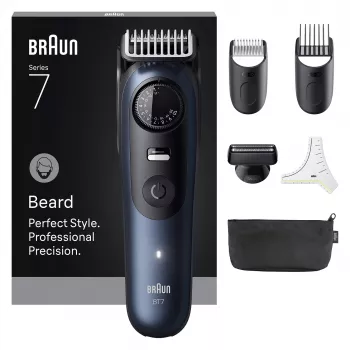 Braun BeardTrimmer 7 BT7520 barzdaskutė, akumuliatorinė, 40 ilgio nustatymų, 0,5–20 mm, šlapiai/sausai, juoda-mėlyna