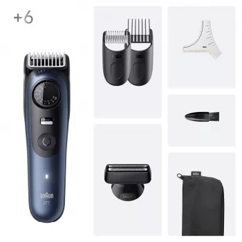 Braun BeardTrimmer 7 BT7520 barzdaskutė, akumuliatorinė, 40 ilgio nustatymų, 0,5–20 mm, šlapiai/sausai, juoda-mėlyna