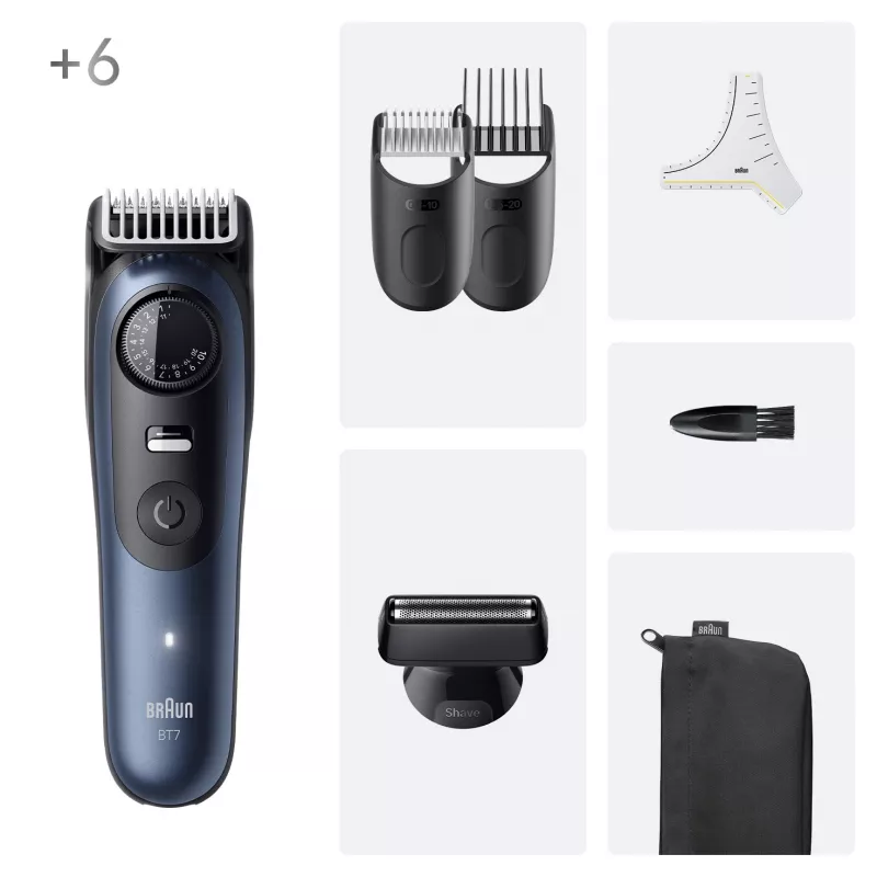 Braun BeardTrimmer 7 BT7520 barzdaskutė, akumuliatorinė, 40 ilgio nustatymų, 0,5–20 mm, šlapiai/sausai, juoda-mėlyna