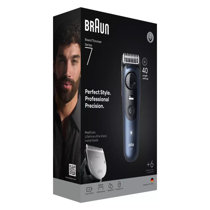Braun BeardTrimmer 7 BT7520 barzdaskutė, akumuliatorinė, 40 ilgio nustatymų, 0,5–20 mm, šlapiai/sausai, juoda-mėlyna