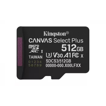Kingston Technology 512 GB microSDXC Canvas Select Plus Gen3 150R A1 vienas paketas be adapterio