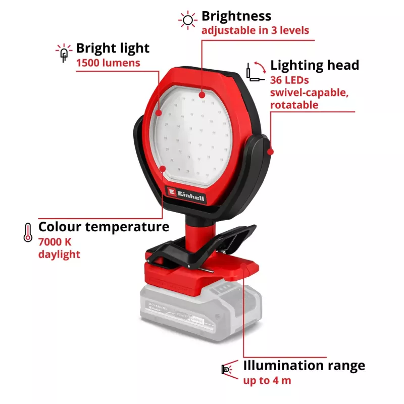 Belaidis lauko stalo šviestuvas EINHELL GC-OL 18/1500 Li‑Solo — LED šviesa, baterija ir įkroviklis nepridedami