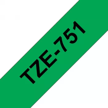 Laminuota etikečių juosta Brother TZe-751 24 mm – juoda ant žalios, 8 m, pilka kasetė