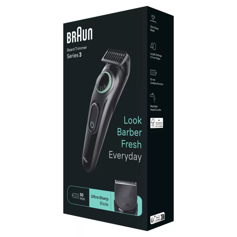 Braun BeardTrimmer 3 BT3411 barzdaskutė, baterija, 40 min, 2 cm, juoda, žalia