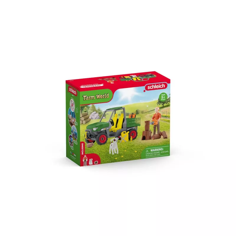 schleich FARM WORLD Darbas Miške – ūkio komplektas su ūkininku Pauliumi ir visureigiu