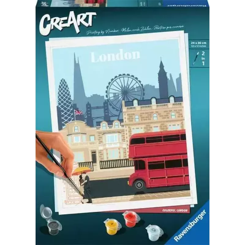Piešimo rinkinys Ravensburger CreArt — Spalvingas Londonas (23525) drobės tapybai su numeruotu vadovu