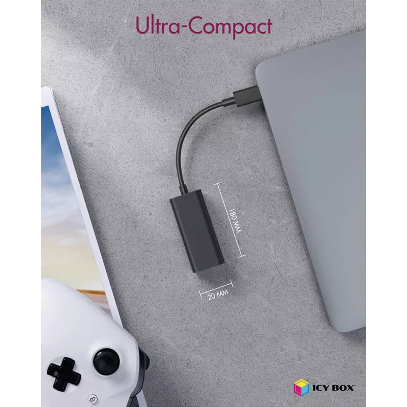 ICY BOX USB 3.0 A tipo į RJ-45 Ethernet prievado adapteris, laidinis, USB, Ethernet, 1000 Mbit/s, juodas