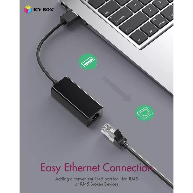 ICY BOX USB 3.0 A tipo į RJ-45 Ethernet prievado adapteris, laidinis, USB, Ethernet, 1000 Mbit/s, juodas