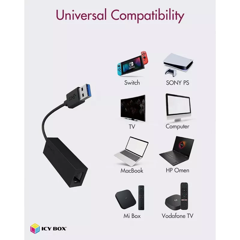 ICY BOX USB 3.0 A tipo į RJ-45 Ethernet prievado adapteris, laidinis, USB, Ethernet, 1000 Mbit/s, juodas