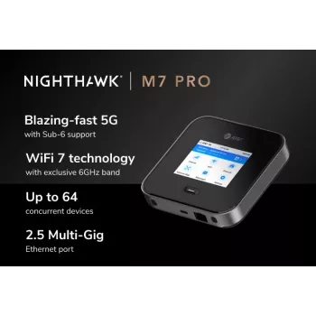 Maršrutizatorius koriniam ryšiui Netgear Nighthawk M7 Pro — Trijų juostų Wi‑Fi 2.4/5/6 GHz, 5G Sub6, LTE, Gigabit Ethernet, USB-C, nešiojamas, juodas