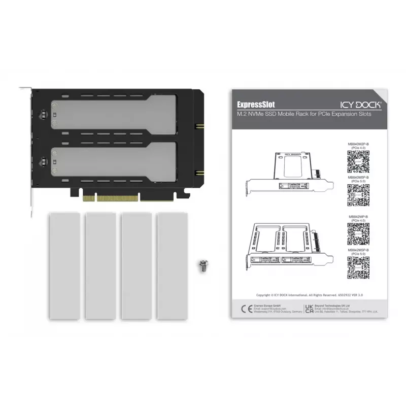 Icy Dock ExpressSlot Elite MB842MP-B – PCIe karštojo keitimo 2,5 colio diskų adapterio kortelė, juoda/sidabrinė