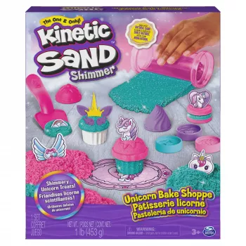 Kinetic Sand Shimmer, Unicorn Bake Shoppe rinkinys, 16oz (blizganti mėlyna ir neoninė rožinė), 8 vienaragio formų, sensorinis žaislas vaikams nuo 3 metų