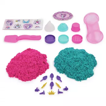 Kinetic Sand Shimmer, Unicorn Bake Shoppe rinkinys, 16oz (blizganti mėlyna ir neoninė rožinė), 8 vienaragio formų, sensorinis žaislas vaikams nuo 3 metų