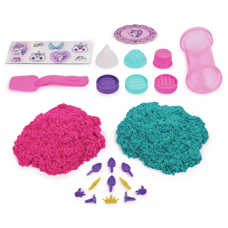 Kinetic Sand Shimmer, Unicorn Bake Shoppe rinkinys, 16oz (blizganti mėlyna ir neoninė rožinė), 8 vienaragio formų, sensorinis žaislas vaikams nuo 3 metų