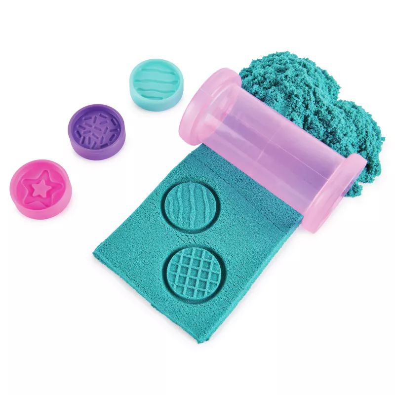 Kinetic Sand Shimmer, Unicorn Bake Shoppe rinkinys, 16oz (blizganti mėlyna ir neoninė rožinė), 8 vienaragio formų, sensorinis žaislas vaikams nuo 3 metų