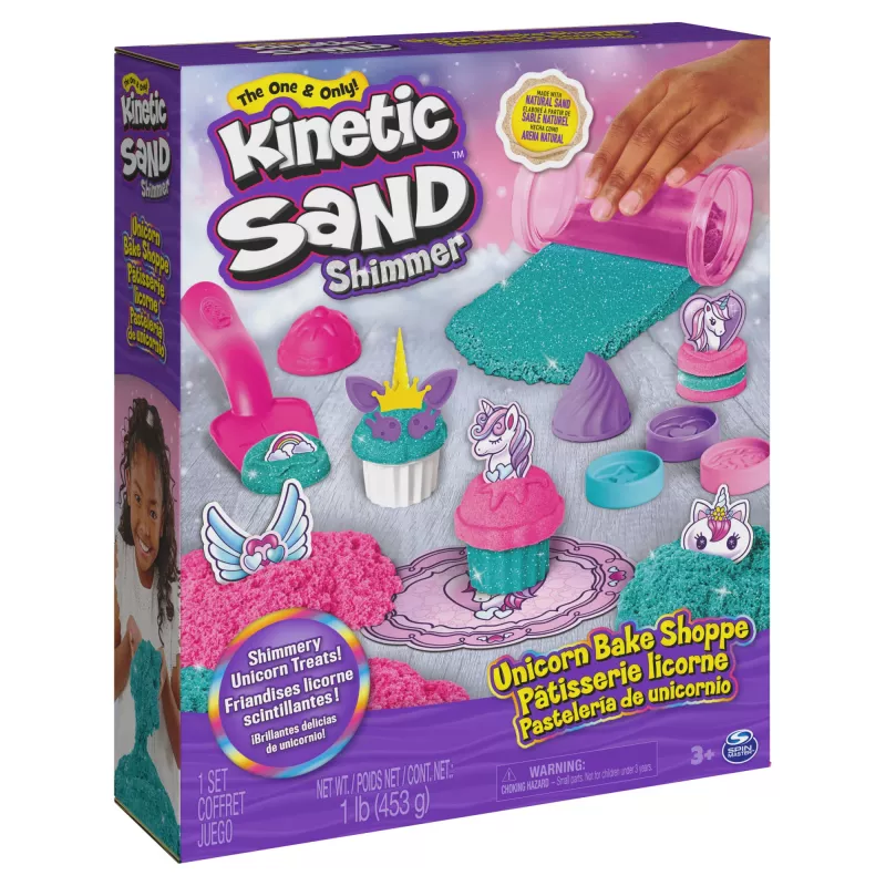 Kinetic Sand Shimmer, Unicorn Bake Shoppe rinkinys, 16oz (blizganti mėlyna ir neoninė rožinė), 8 vienaragio formų, sensorinis žaislas vaikams nuo 3 metų