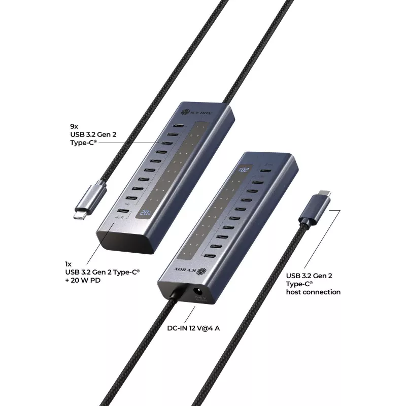 USB šakotuvas icybox IB-HUB1450-C31 — 10 prievadų, USB 3.2
