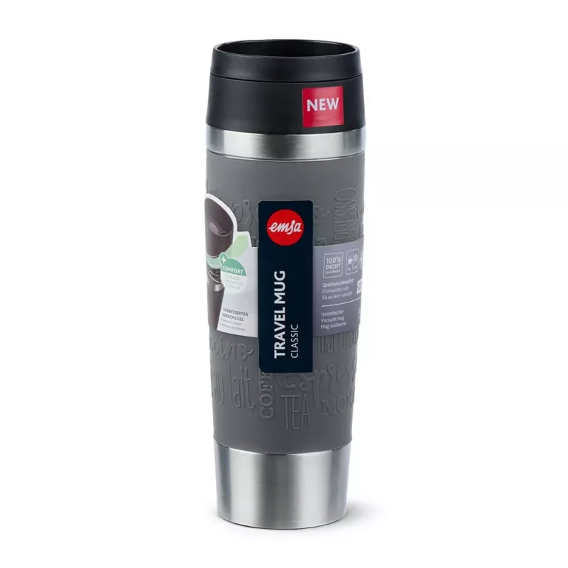 EMSA N2022300 Travel Mug Classic Grande termo puodelis, 500 ml, nerūdijantis plienas/PP/silikonas, Quick Press dangtis, pilkas