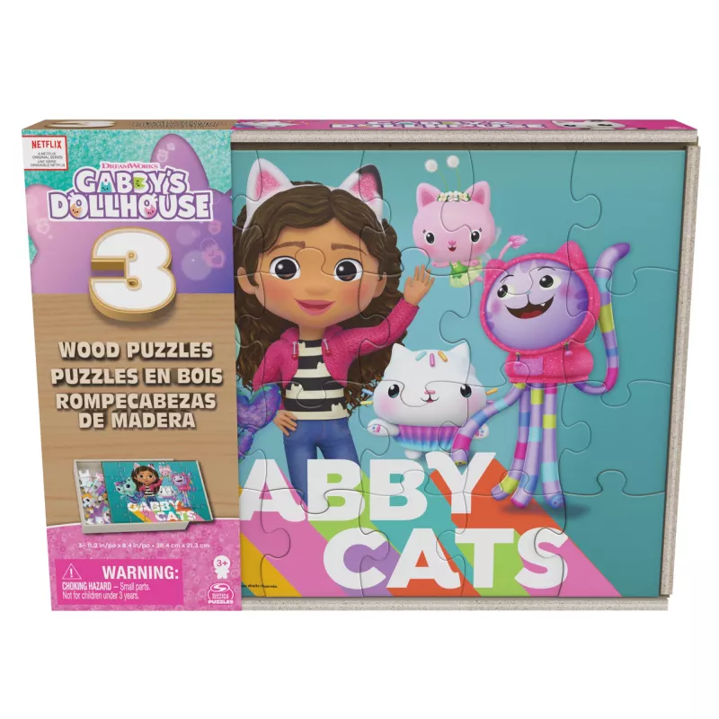 Gabby’s Dollhouse 3 medinės dėlionės po 24 detales su medine dėžute