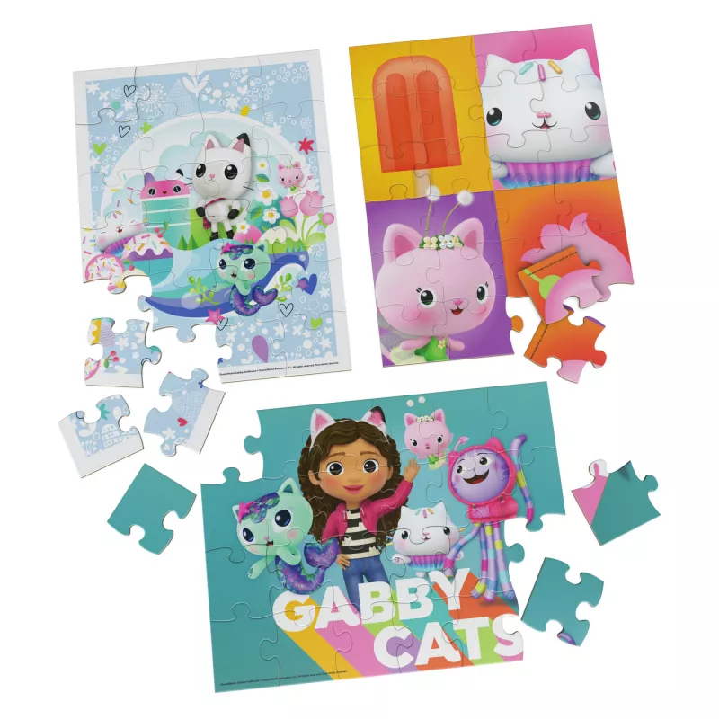 Gabby’s Dollhouse 3 medinės dėlionės po 24 detales su medine dėžute