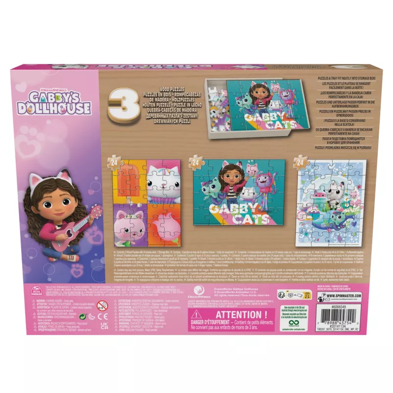 Gabby’s Dollhouse 3 medinės dėlionės po 24 detales su medine dėžute