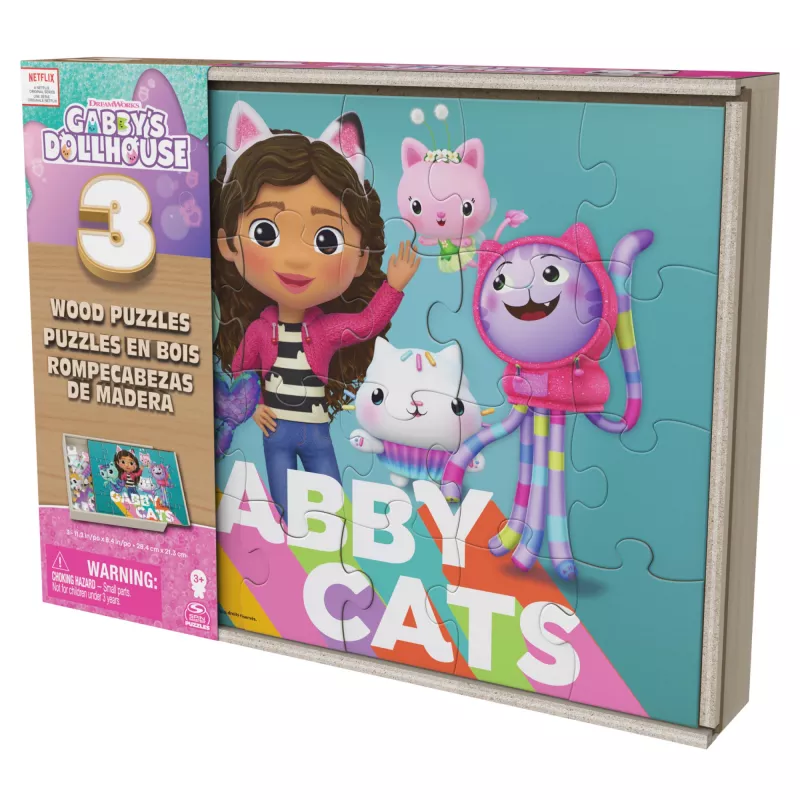 Gabby’s Dollhouse 3 medinės dėlionės po 24 detales su medine dėžute