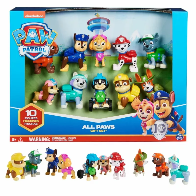PAW Patrol 10-mečio jubiliejinis dovanų rinkinys „Visos letenos ant denio“ su 10 kolekcinių figūrėlių, žaislai vaikams nuo 3 metų
