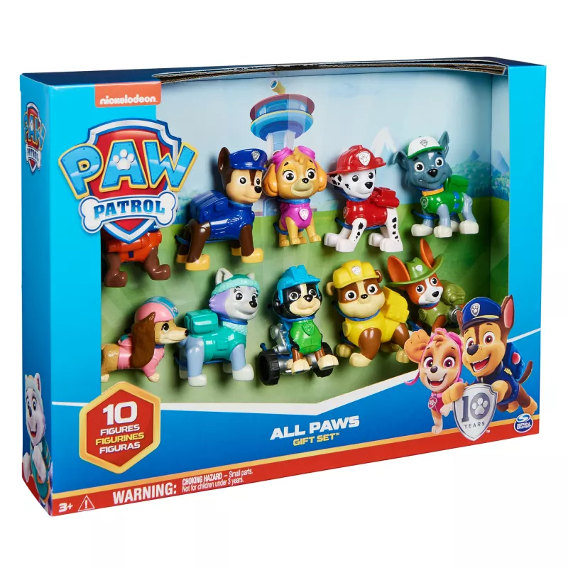 PAW Patrol 10-mečio jubiliejinis dovanų rinkinys „Visos letenos ant denio“ su 10 kolekcinių figūrėlių, žaislai vaikams nuo 3 metų