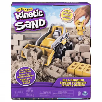 Kinetic Sand Dig N' Demolish rinkinys su 1 kg žaidimo smėlio ir žaisliniu sunkvežimiu, sensorinis žaislas vaikams nuo 5 metų
