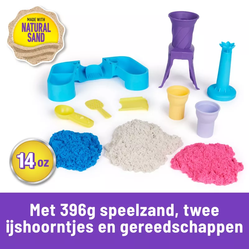 Kinetic Sand Soft Serve Stotis – 14 uncijų lipniojo smėlio (3 spalvos), 2 ledų kūgiai ir 2 įrankiai