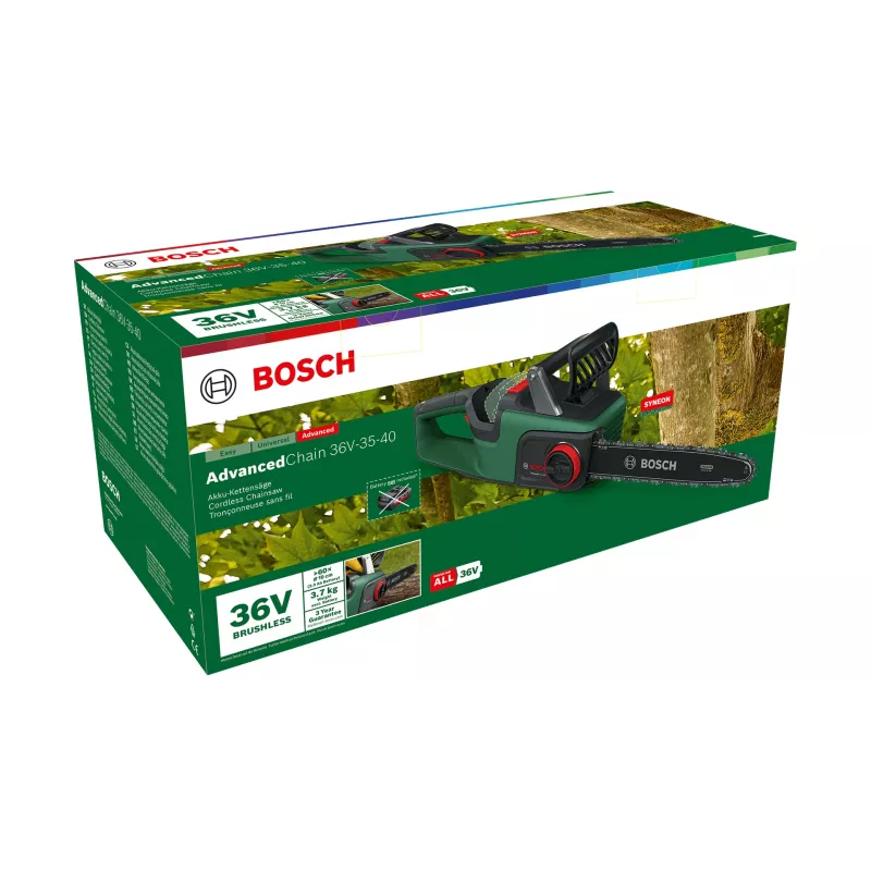 Belaidis grandininis pjūklas Bosch AdvancedChain 36V-35-40 — 36 V, 2 Ah akumuliatorius, 35 cm padanga, 31 cm pjovimo ilgis