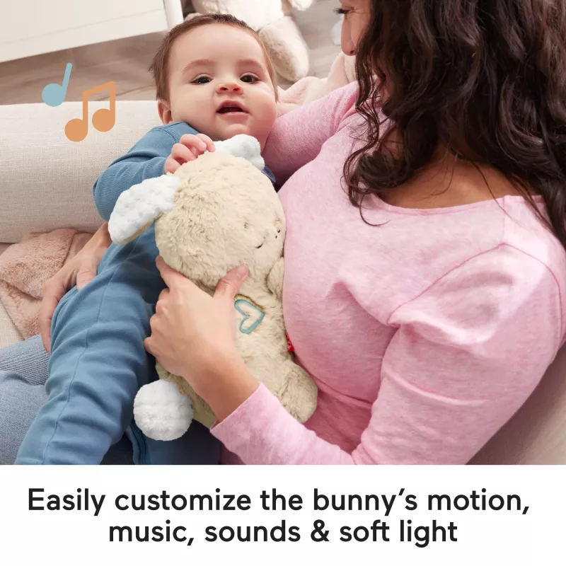 Fisher-Price Soothe & Settle Bunny – minkštas zuikis su garsais ir judesiu