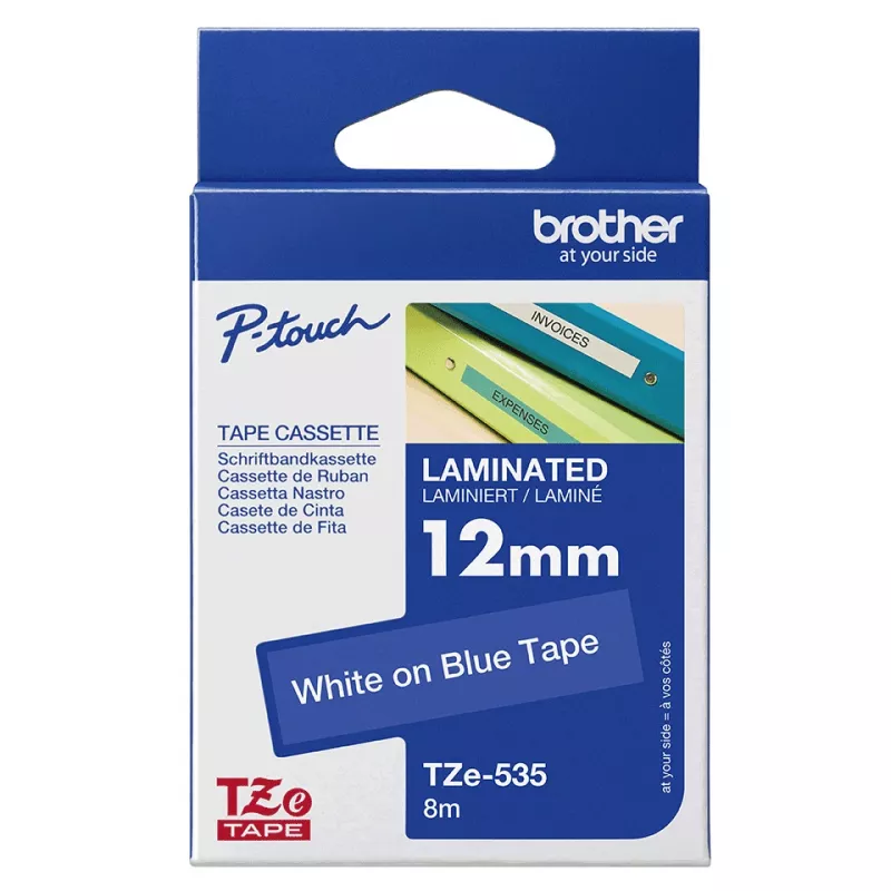 Brother TZe535 juostelė etiketėms 12mm balta ant mėlynos