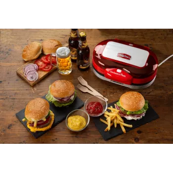 Ariete 205 Hamburger Maker Party Time, mėsainių gaminimo aparatas, 1200 W, dvigubos nelimpančios plokštės, 2 skyriai, lengvai valomas, raudonas