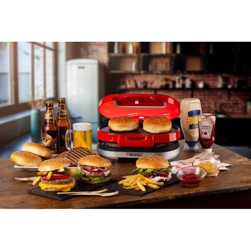 Ariete 205 Hamburger Maker Party Time, mėsainių gaminimo aparatas, 1200 W, dvigubos nelimpančios plokštės, 2 skyriai, lengvai valomas, raudonas